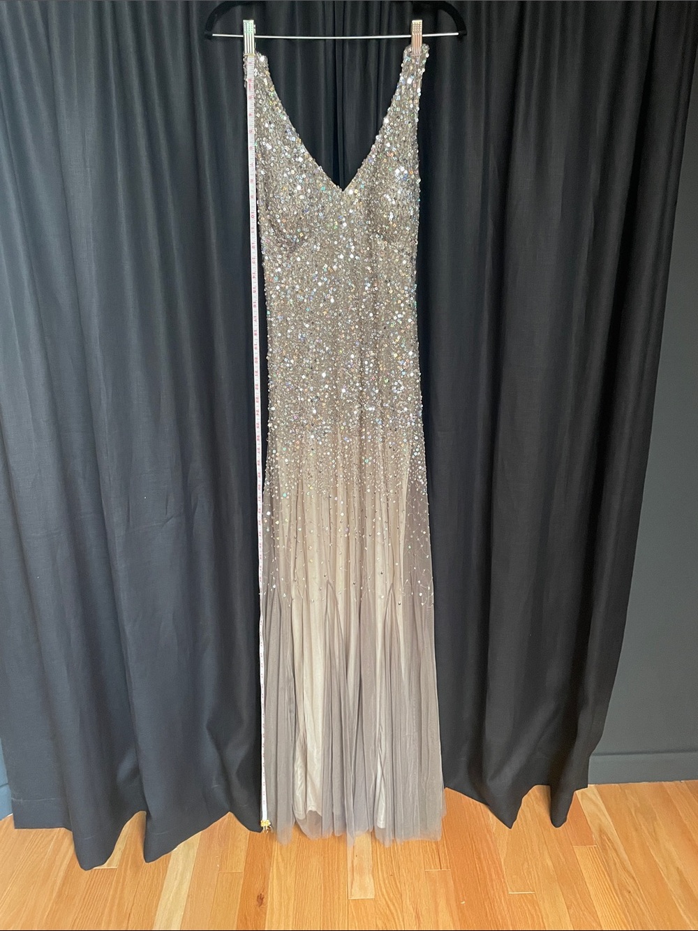 Beaded V-Neck Evening Gown in Silver and Gray